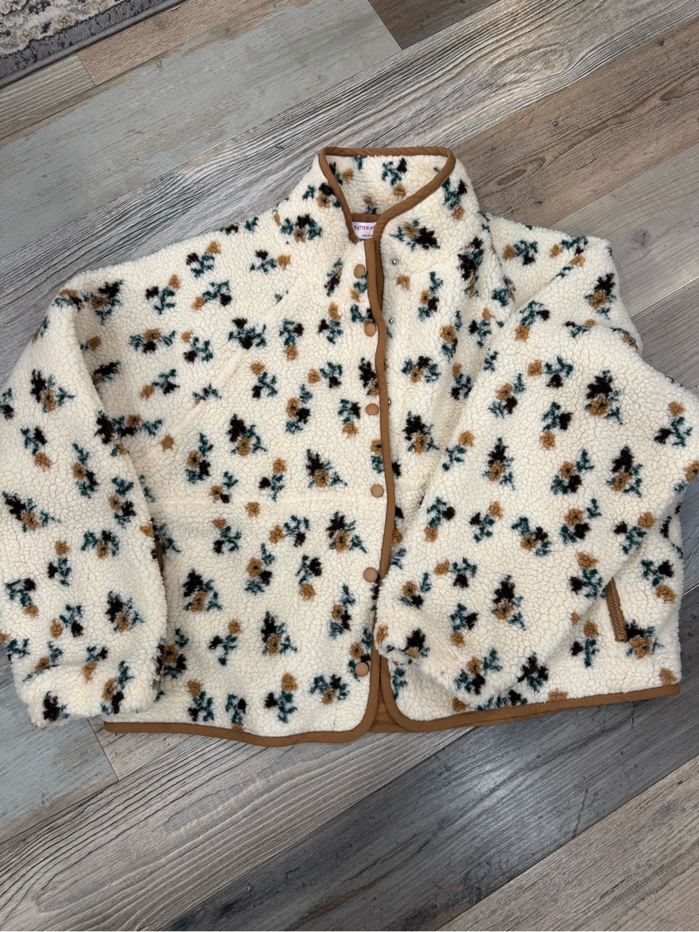 Women’s Cream Floral Sherpa Jacket with Tan Trim